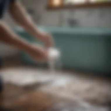 Detailed view of a rug being washed in a tub with soap suds