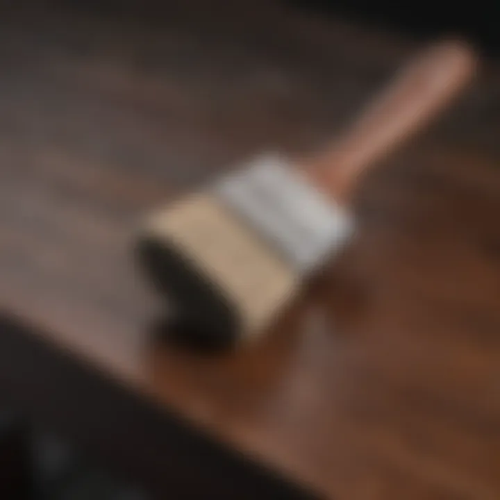 Close-up of a brush applying paint to wood furniture