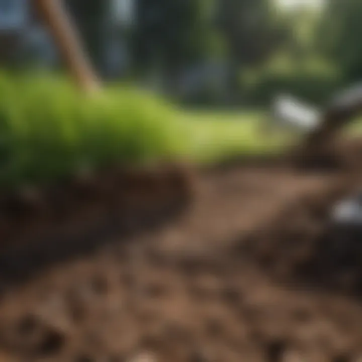 Healthy lawn with garden tools and rich soil preparation
