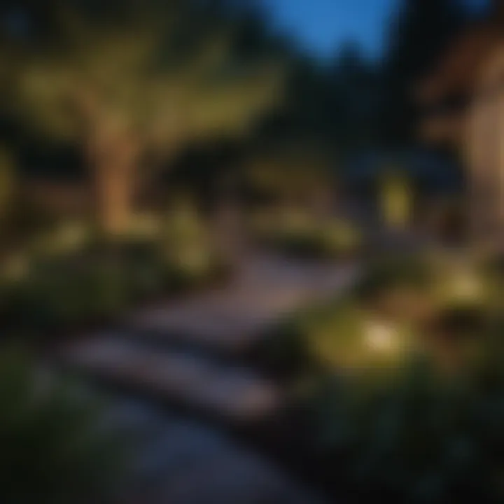 A beautifully designed backyard featuring multiple solar powered outdoor smart lights.