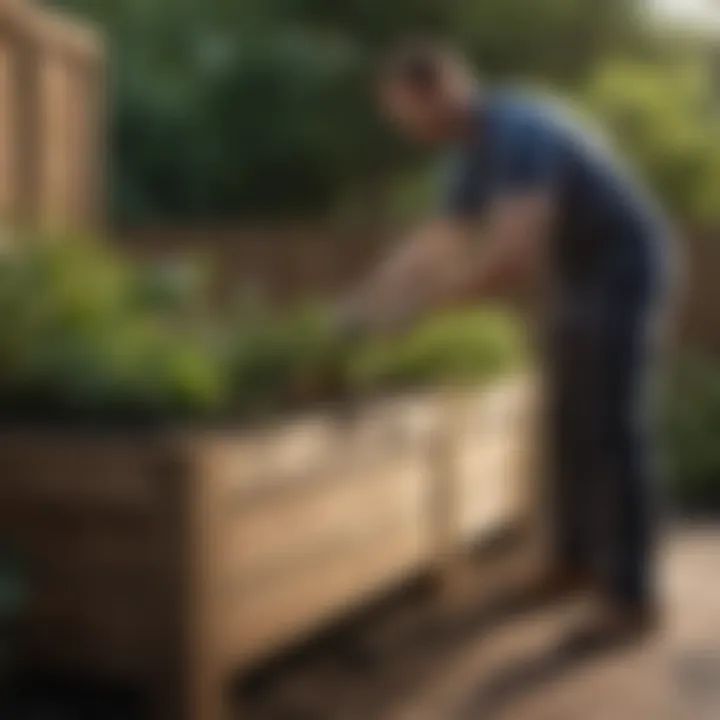 Gardener tending to an above ground garden box, showcasing ease of access and maintenance