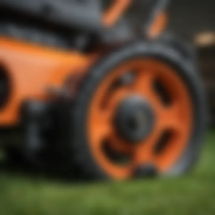 Close-up of the cutting blade mechanism of a push lawn mower