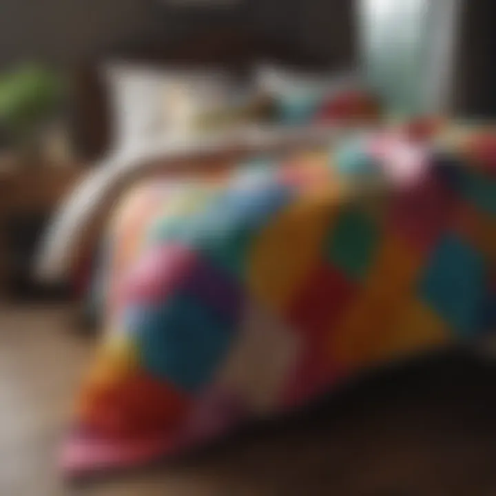 Colorful quilted comforter draped over a chair