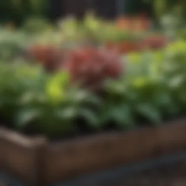 A close-up of a raised bed showcasing diverse plant growth and healthy soil