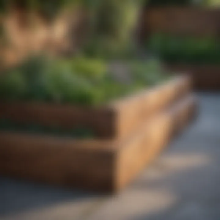 An elegant wooden raised bed integrated into a modern backyard landscape