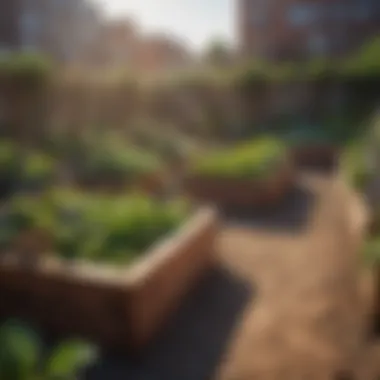 A creative layout of several raised beds in an urban community garden