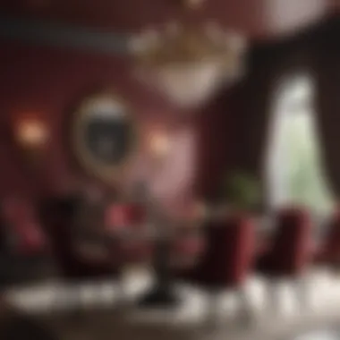 Sophisticated dining room featuring a deep burgundy wall