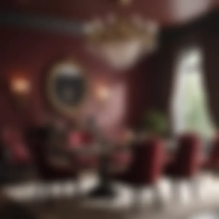 Sophisticated dining room featuring a deep burgundy wall
