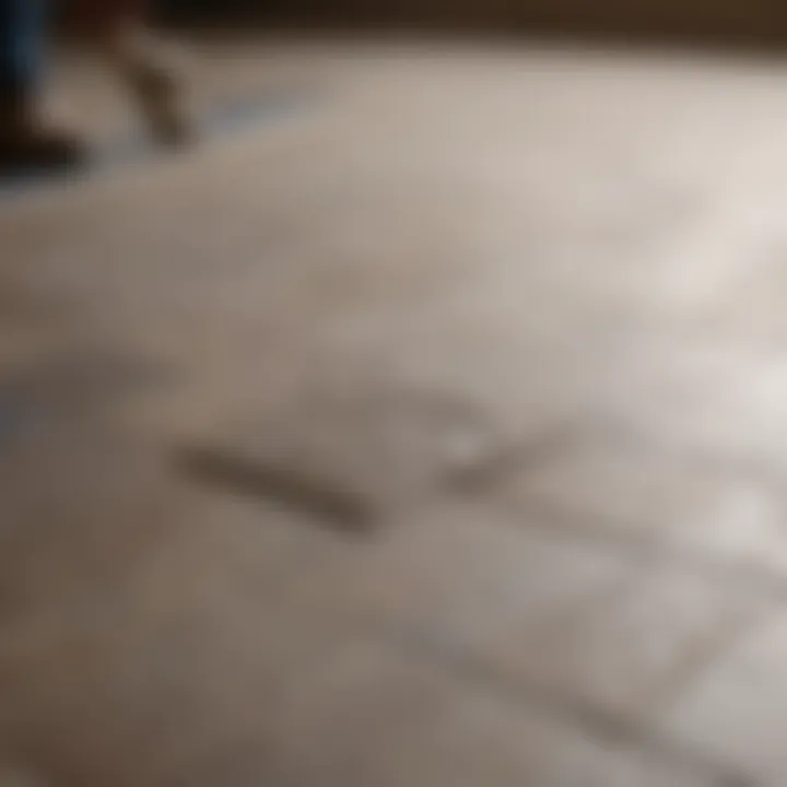 A close-up of a tile being pried from the floor