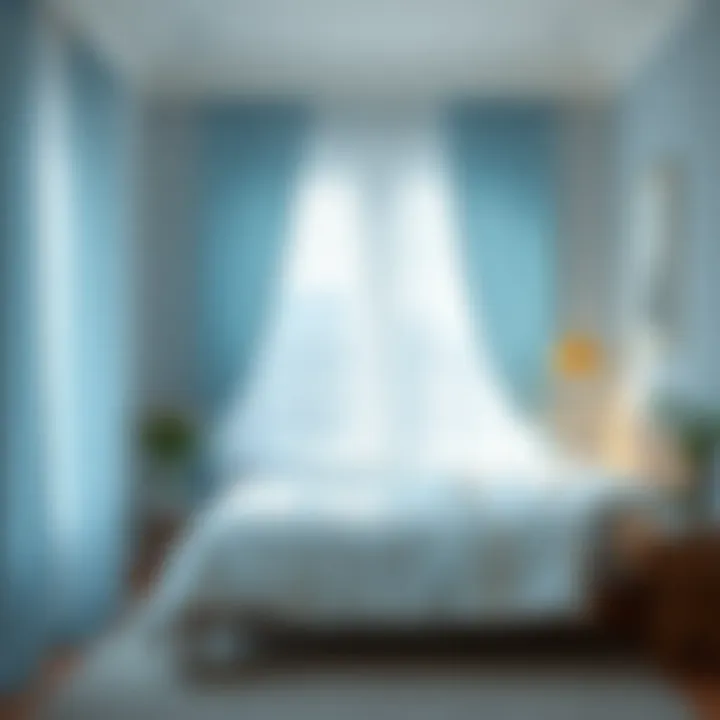 A cozy bedroom featuring light blue sheer curtains that add a touch of tranquility