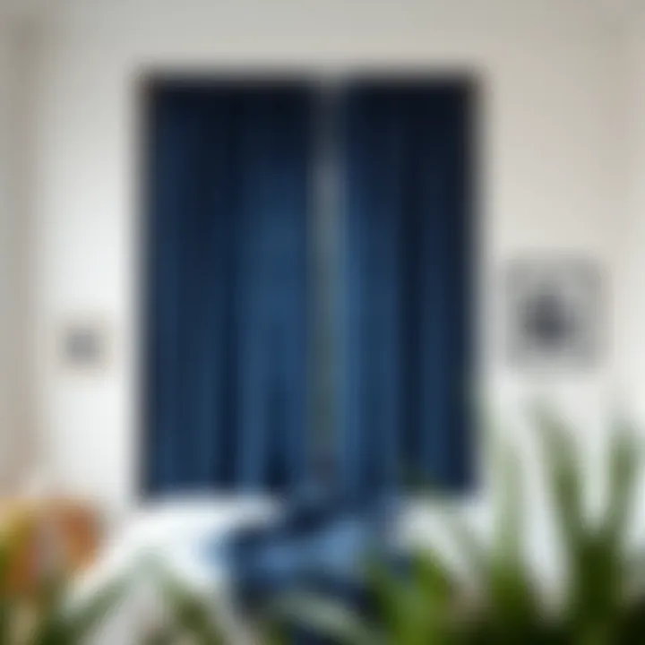 Bold navy blue curtains contrasting with bright white walls for a modern look