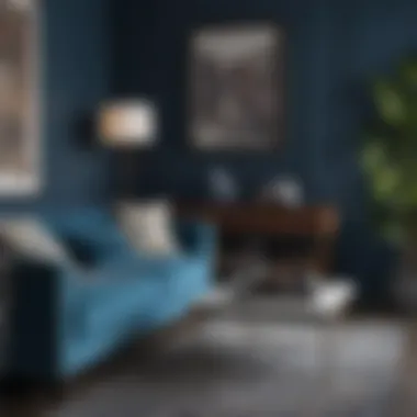 Artistic arrangement of accessories around a blue sofa, enhancing the room's aesthetic