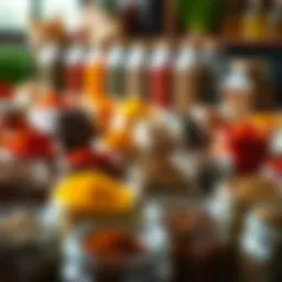 A vibrant display of various spices in jars showcasing their rich colors