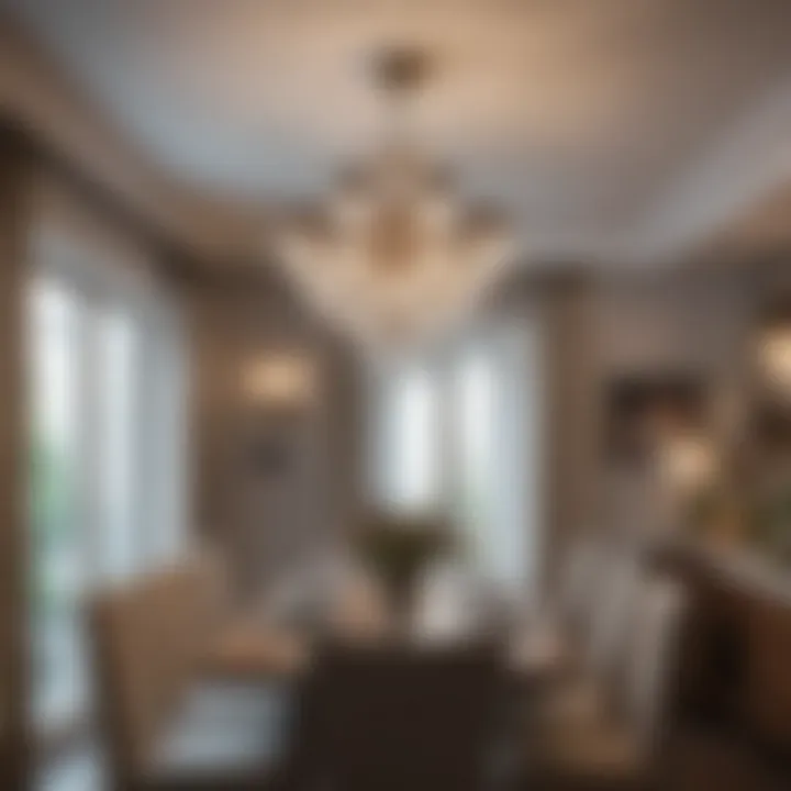 Bright and airy atmosphere created by a chandelier in a small dining area