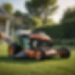 A detailed view of a push lawn mower on a well-maintained lawn