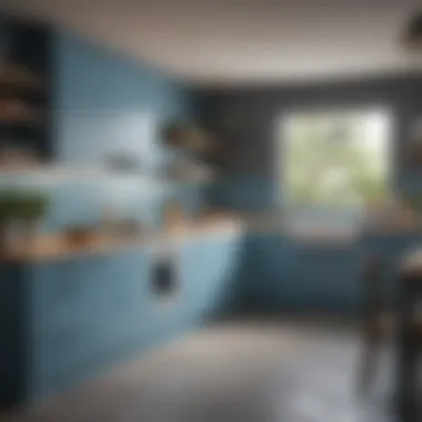 Scenic view of a kitchen with a calming blue color scheme