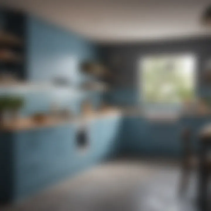 Scenic view of a kitchen with a calming blue color scheme