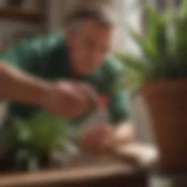 A gardener applying fertilizer to a Christmas cactus with care