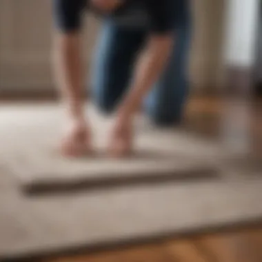 A homeowner gently scrubbing a rug on a hardwood floor