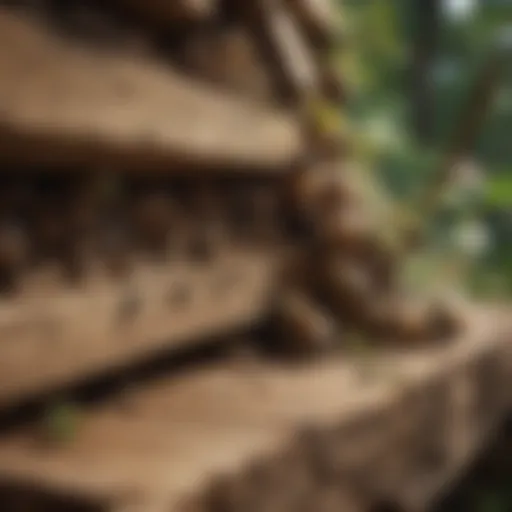 A close-up view of boring bees nesting in wood.