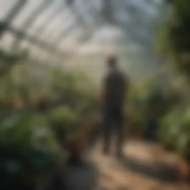 Gardener maintaining greenhouse