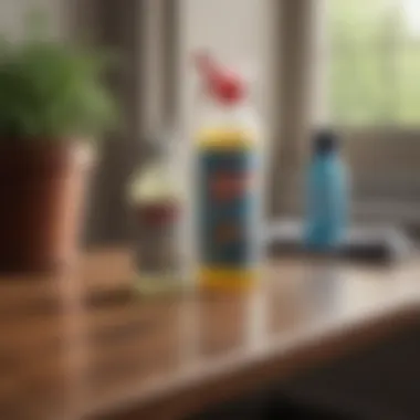 Cleaning supplies arranged next to a stained table surface