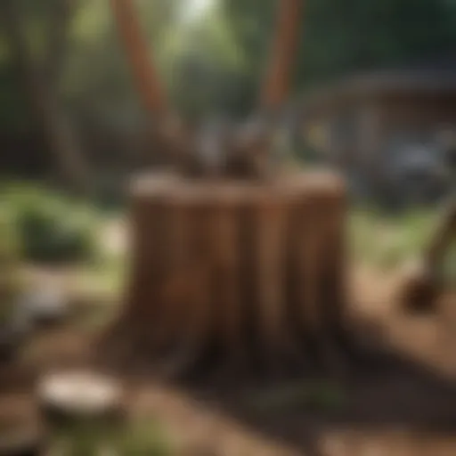 A well-equipped yard with tools for stump removal