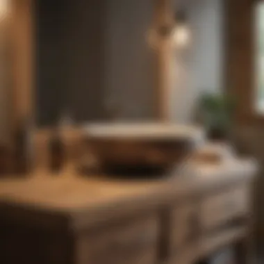 Rustic Wooden Bathroom Vanity Rustic-themed bathroom vanity with wooden finish and vintage faucet design