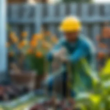 A gardener installing bendable stakes in a landscaped area