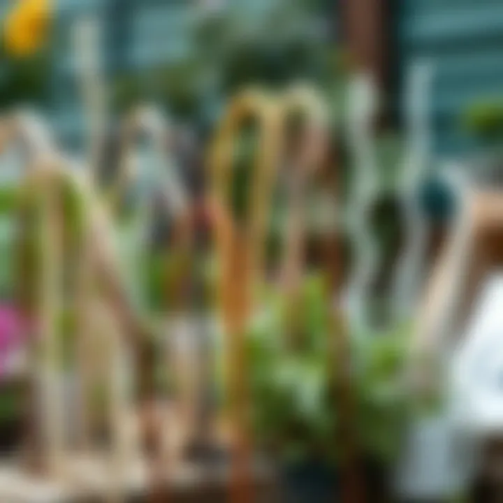 Various materials used for bendable garden stakes on display