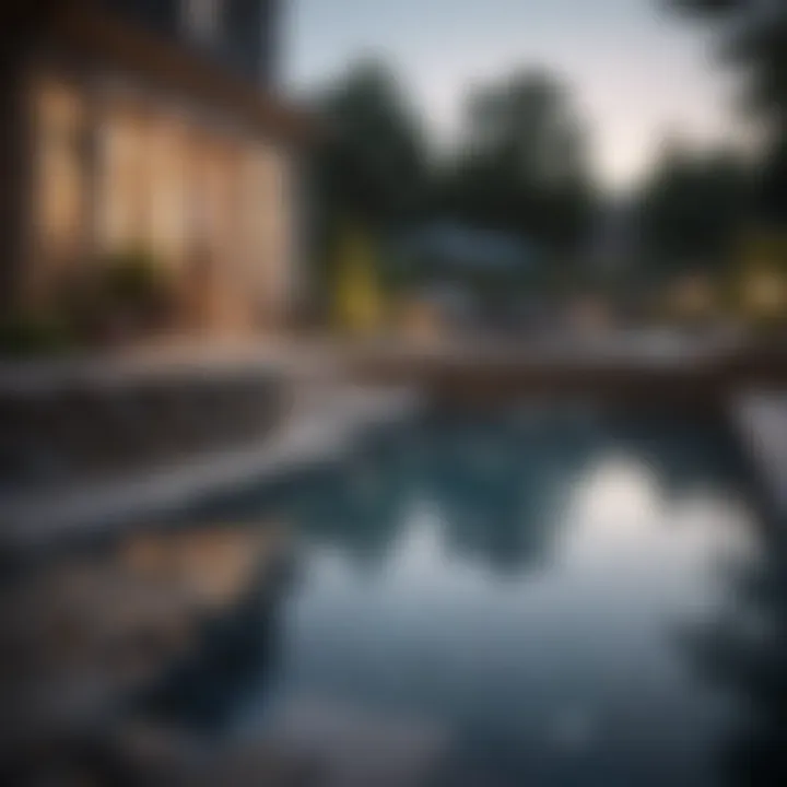 Inviting stone pool deck with decorative lighting