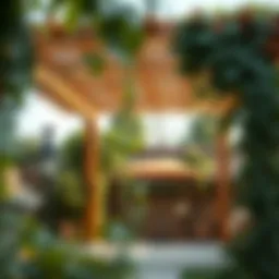 Elegant wooden pergola adorned with climbing vines
