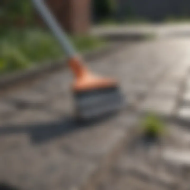 Illustration of manual weeding tools strategically placed on a paved surface.