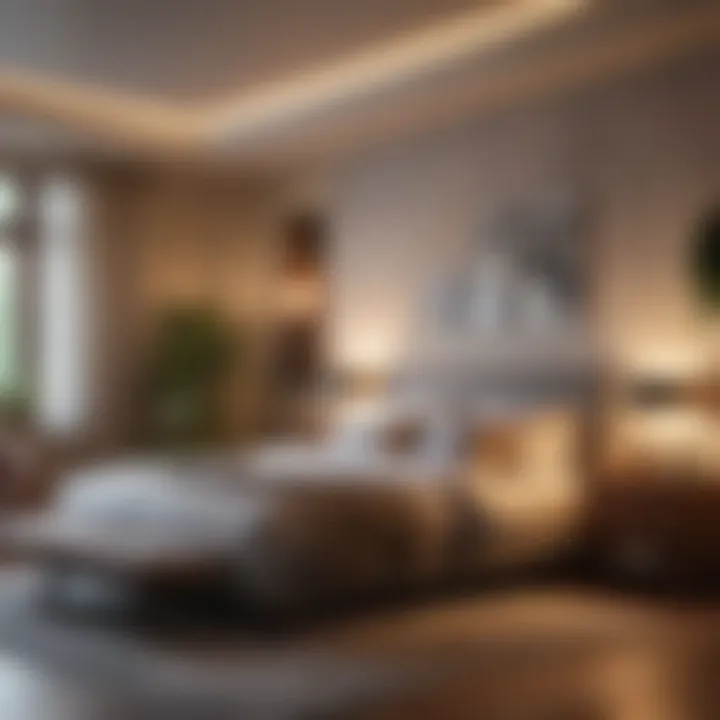 A beautifully lit bedroom featuring strategic lighting choices that create a cozy atmosphere.