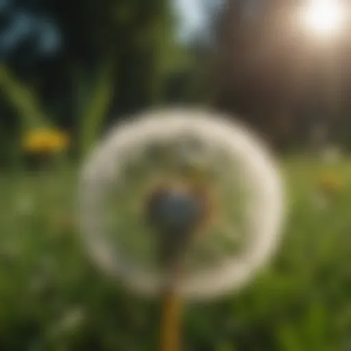 Close-up view of a dandelion in a lush green lawn