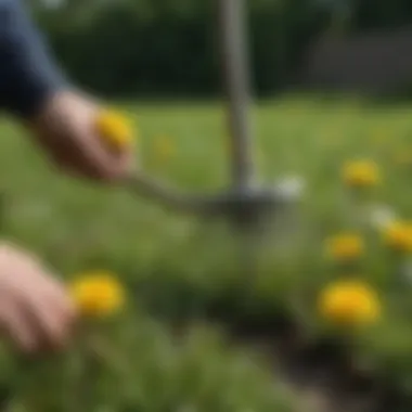 Gardener using a manual tool to remove dandelions from the lawn