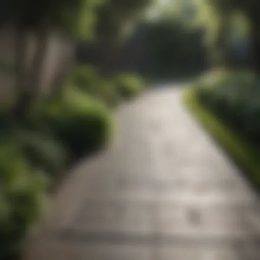 Stylish concrete paver pathway winding through lush greenery