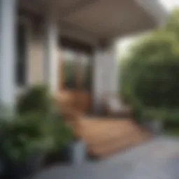 Elegant design of a front porch showcasing wooden railings and seating area