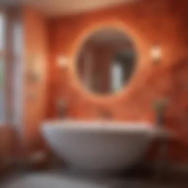 An inviting coral-themed bathroom showcasing unique decorative elements and textures