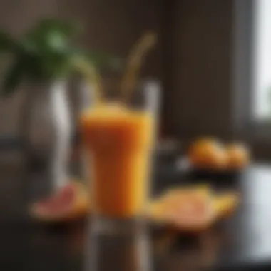 Freshly squeezed juice in a glass with health benefits highlighted