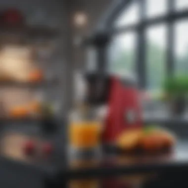 Sleek Design of a Countertop Juicer A sleek countertop juicer with vibrant fruits around