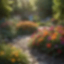 A vibrant display of various flowers blooming in a sunny backyard setting