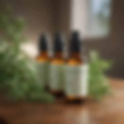 A selection of essential oils with fresh herbs for room spray formulation