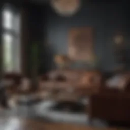 Stylish masculine living room with dark wood furniture and leather accents