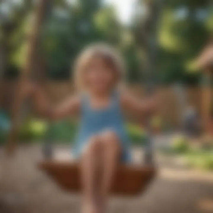 Children joyfully playing on a swing set in a backyard playground