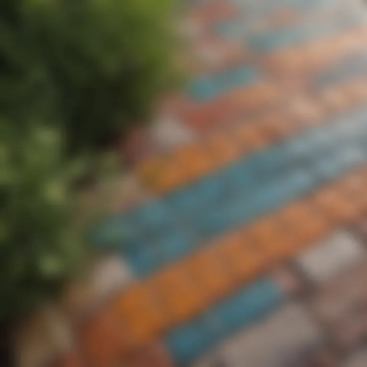 Colorful brick pathway bordered with decorative tiles