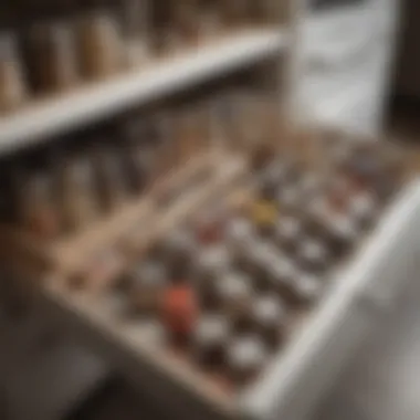 Elegant deep pantry drawer filled with organized jars and kitchen essentials