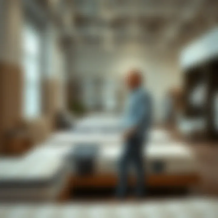 Evaluating Mattress Options Person assessing a mattress in a showroom