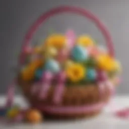 An elegantly wrapped Easter basket adorned with vibrant ribbons and floral accents.