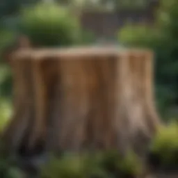 A close-up view of a freshly cut tree stump in a garden environment, highlighting the texture of the wood.